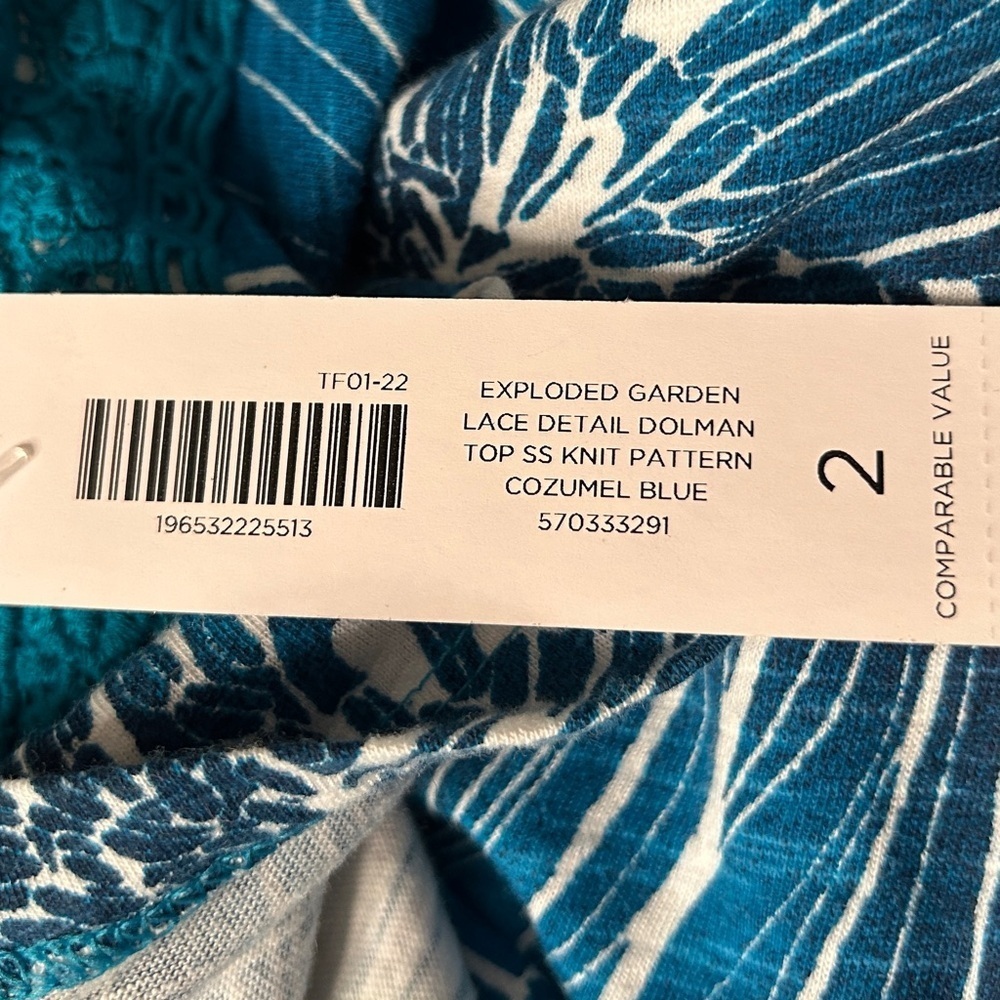 Chico's Size 2 Exploded Garden Lace-Trim Dolman Top in
Cozumel Blue, NWT - Picture 11 of 12